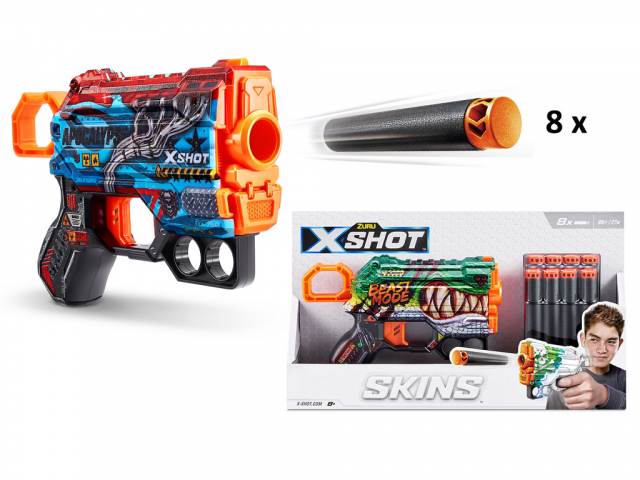ZURU XSHOT Skins – Lot De 4 Pistolets Menace Avec 24 Fléchettes Air-pocket, Portée 24 M, Skins Interchangeables