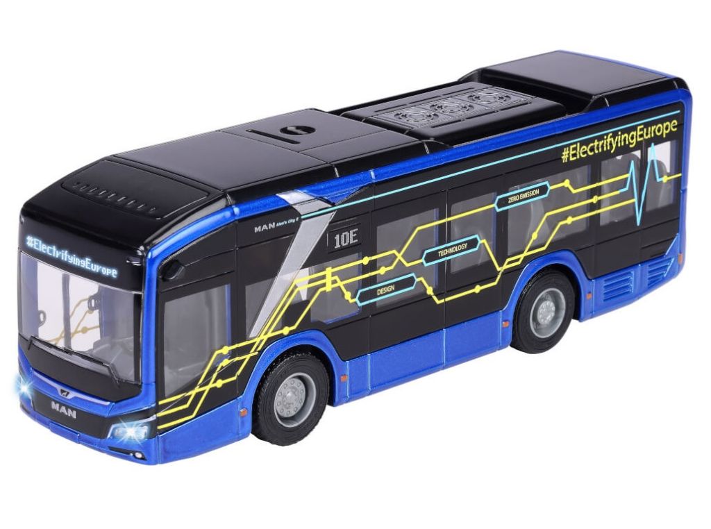 Majorette MAN Lion’s City 10 E Bus – Bus électrique Miniature – Porte Latérale Ouvrable, Lumière Et Son, Pneus Caoutchouc – Dès 3 Ans – Jouet Réaliste Et Robuste